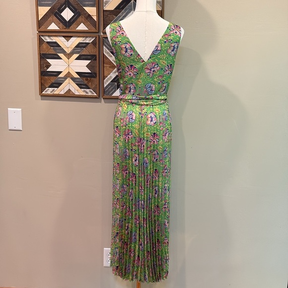 Ralph Lauren Vintage V-Neck Paisley Silk Wrap Pleated Tie Dress Green Multi 10 - Picture 5 of 14